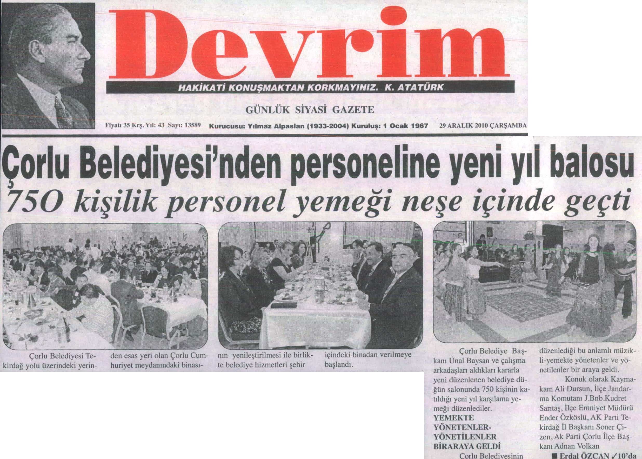 �orlu Belediyesi�nden Personeline Yeniy�l Balosu