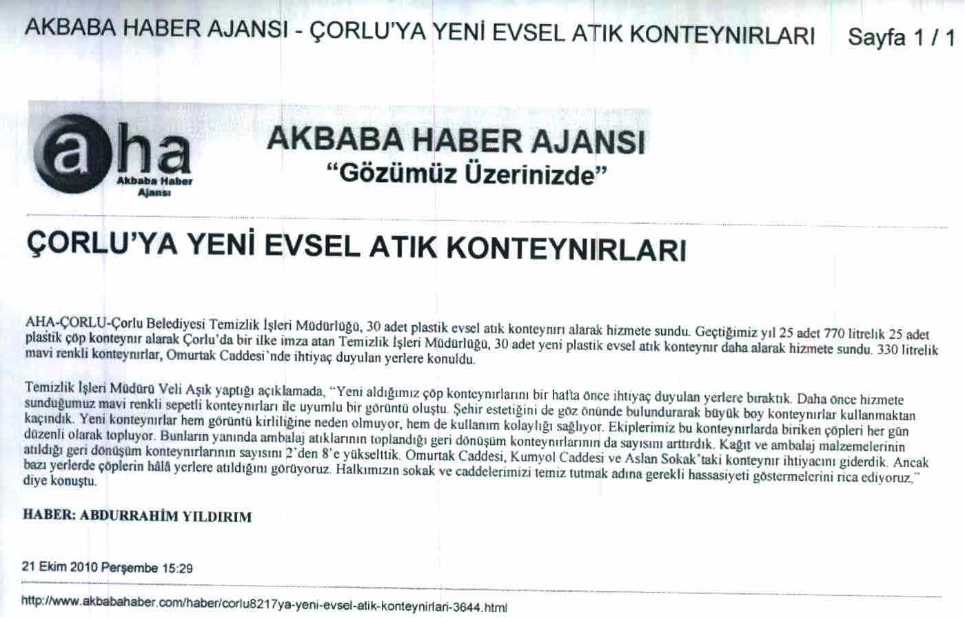 �orlu�ya Yeni Evsel At�k Konteyn�rlar�